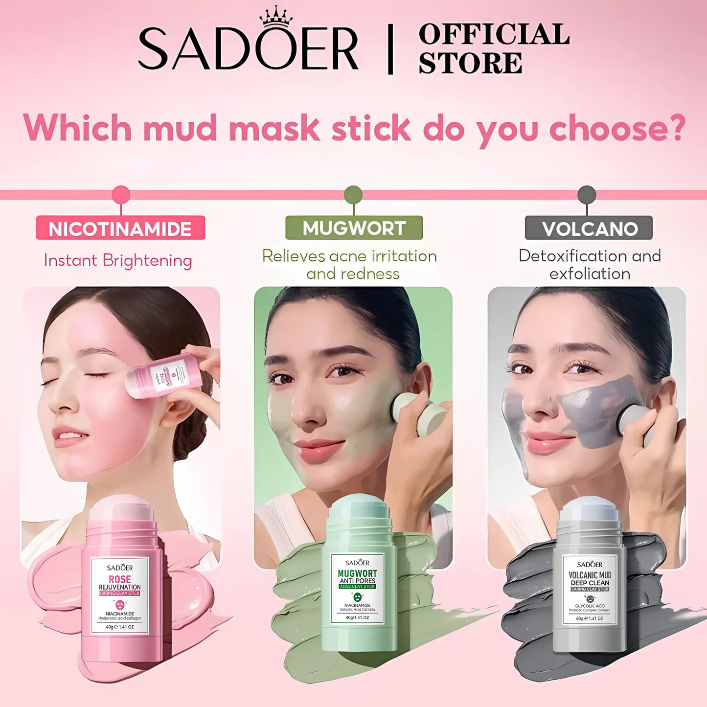 SADOER - Rose, Mugwort & Volcanic Mud Clay Stick Mask 3pcs Bundle